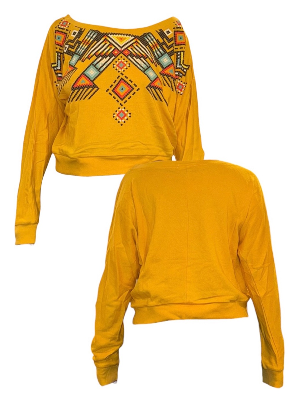 Mustard Yellow Embroidered Batwing Cropped Sweatshirt